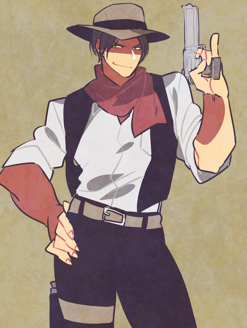 bad_id bad_pixiv_id cowboy cowboy_hat gun hand_on_hip handgun hat highres hohehohe holster kusanagi_kyou male_focus pinky_out pistol revolver scarf solo the_king_of_fighters thigh_holster vest weapon western