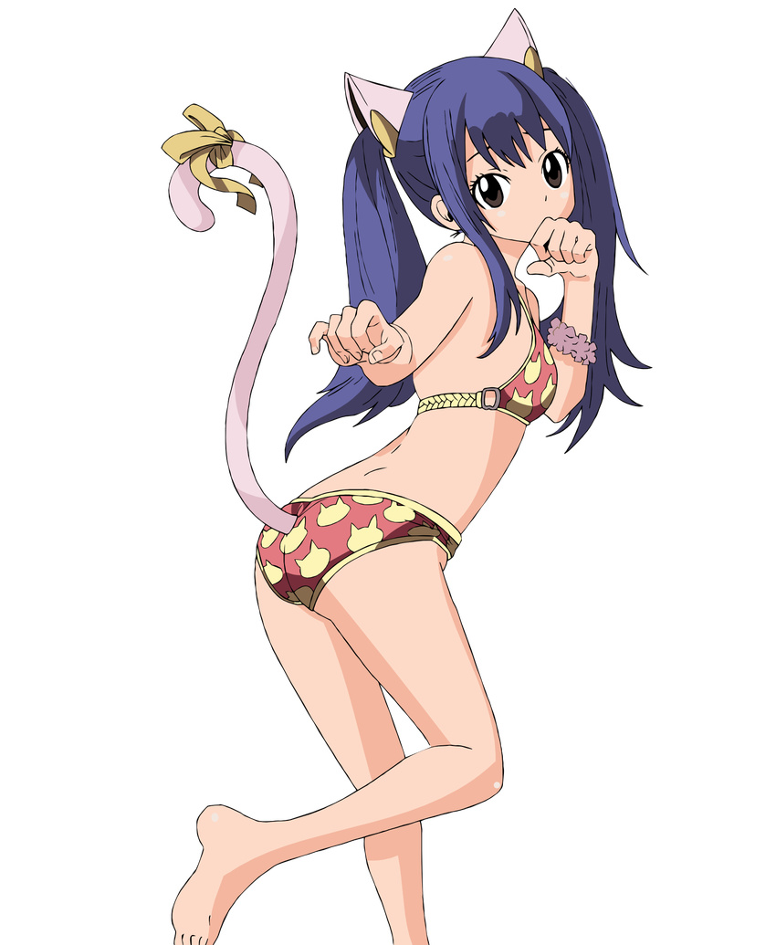 animal_ears animal_print barefoot bikini blue_hair brown_eyes cat_ears cat_print cat_tail fairy_tail hands_over_mouth highres looking_at_viewer paw_pose print_bikini ribbon solo swimsuit tail tail_ribbon transparent_background twintails wendy_marvell