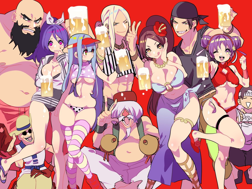 6+boys :q alcohol alternate_hairstyle asamiya_athena bad_id bad_pixiv_id bandana beard beer beer_mug bikini breasts chang_koehan character_request chin_gentsai choi_bounge crop_top cup double_bun facial_hair flower group_picture halter_top halterneck hibiscus highres hohehohe holding holding_cup kula_diamond kusanagi_kyou large_breasts multiple_boys multiple_girls nikaidou_benimaru sarong shiranui_mai skindentation striped striped_legwear swimsuit the_king_of_fighters thighhighs tongue tongue_out underboob visor_cap