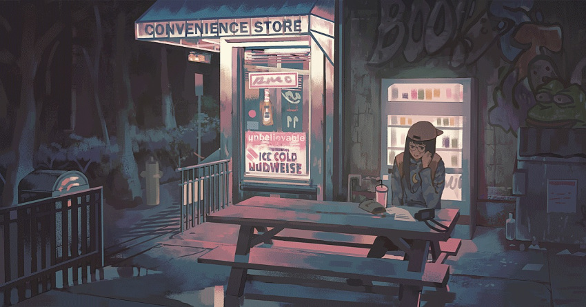 1girl backwards_hat baseball_cap bench black_hair camera convenience_store dark drink drinking_straw english_text fence glasses graffiti hat klegsart long_hair long_sleeves original outdoors pepe_the_frog pink_hat reflection shop solo table tree