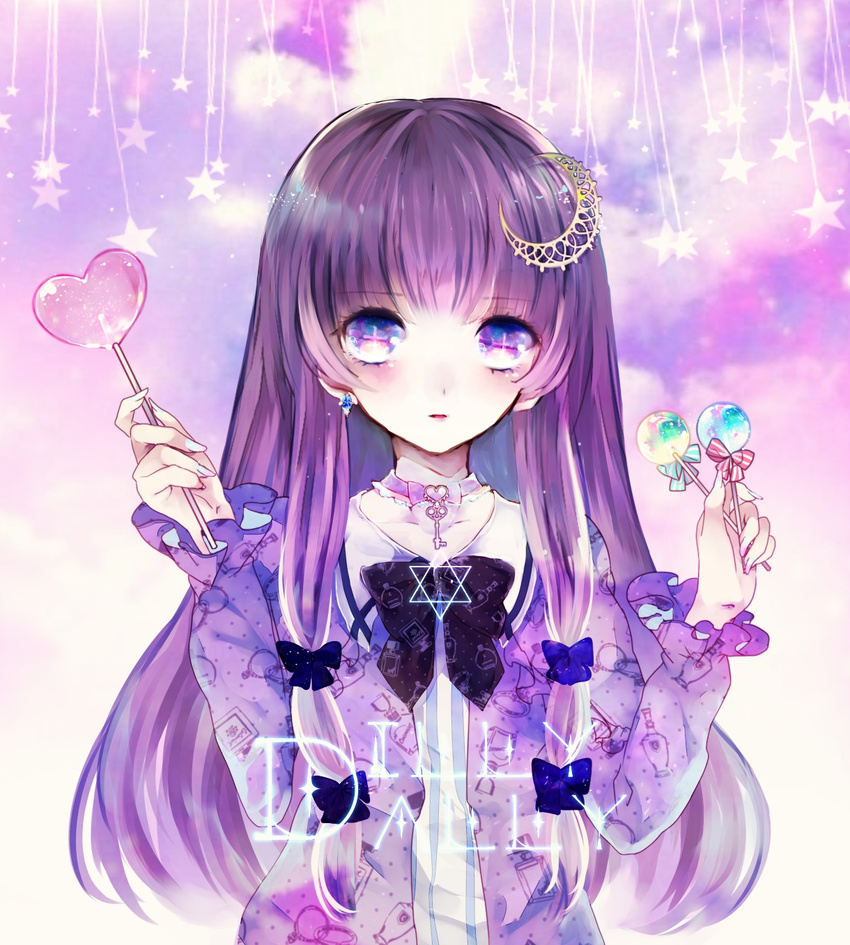 adapted_costume bow candy choker coat crescent crescent_hair_ornament dress food ginzuki_ringo hair_ornament hair_ribbon highres jewelry key lollipop long_hair long_sleeves looking_at_viewer no_hat no_headwear open_clothes open_coat patchouli_knowledge pendant purple_eyes purple_hair ribbon ribbon_choker single_earring solo striped striped_dress touhou tress_ribbon very_long_hair