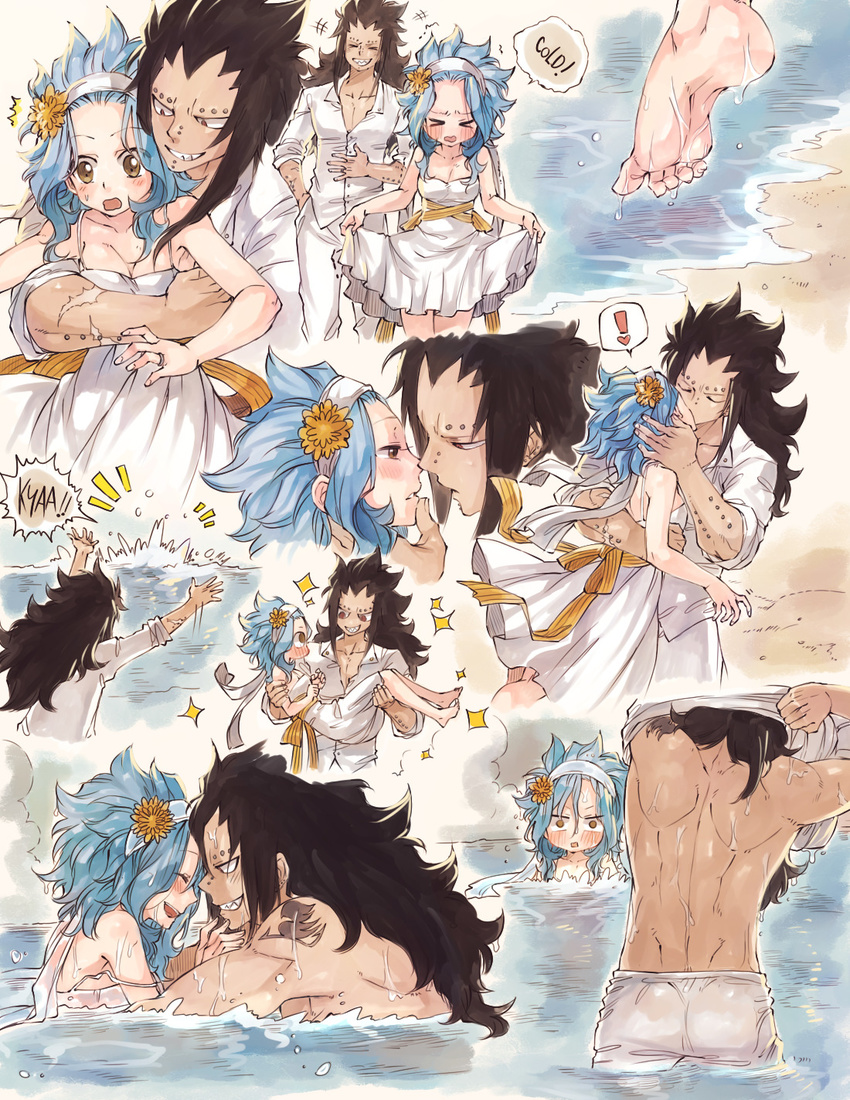&gt;_&lt; 1boy 1girl bare_back barefoot blush carrying closed_eyes dress eyebrow_piercing fairy_tail forehead forehead-to-forehead gajeel_redfox highres hug hug_from_behind imminent_kiss kiss levy_mcgarden md5_mismatch multiple_views partially_submerged piercing princess rusky skirt_hold strap_slip studs submerged sundress undressing wading water wet wet_clothes