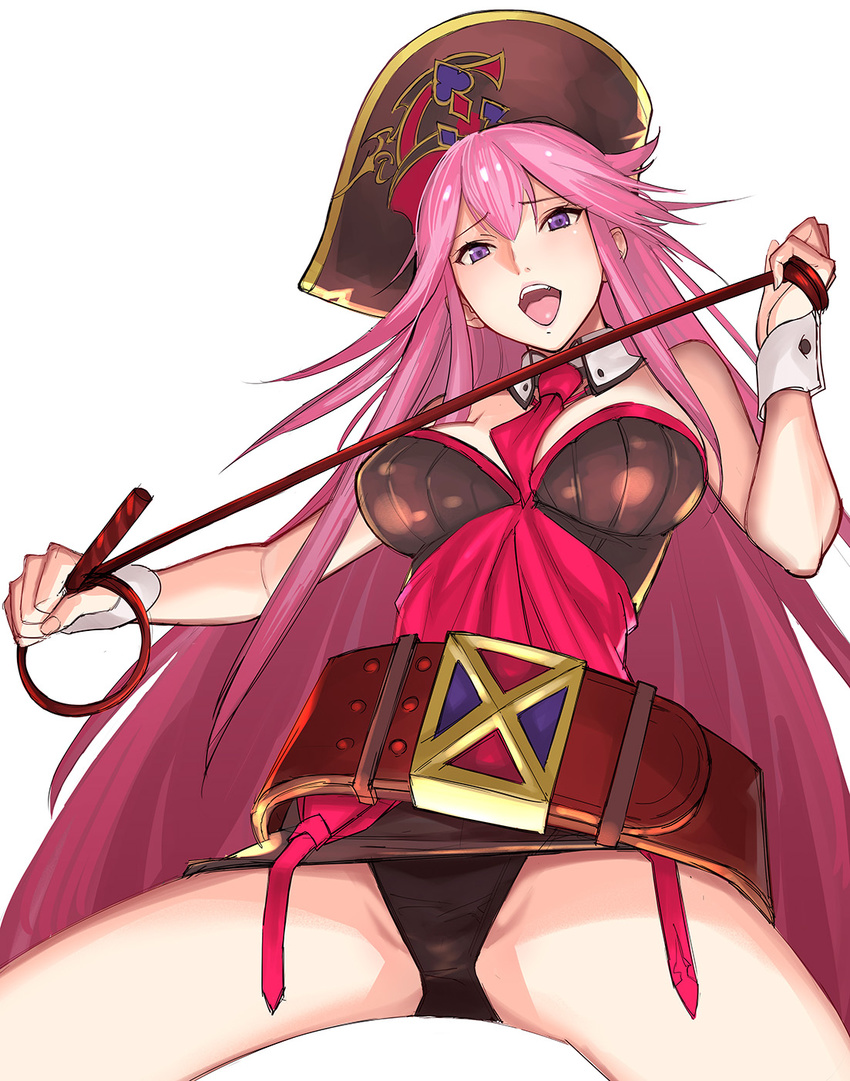 :d black_panties breasts christina_(granblue_fantasy) cleavage granblue_fantasy hat highres large_breasts long_hair open_mouth panties pantyshot pantyshot_(sitting) pink_hair purple_eyes simple_background sitting smile solo teeth tetsu_(kimuchi) tongue underwear whip white_background