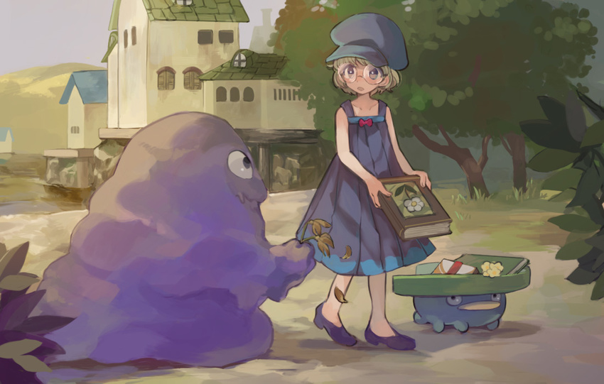 blonde_hair book building dress flower gen_1_pokemon gen_3_pokemon glasses grimer hat holding holding_flower linaria_(ookinahitomi) lotad outdoors pokemon pokemon_(creature) tree