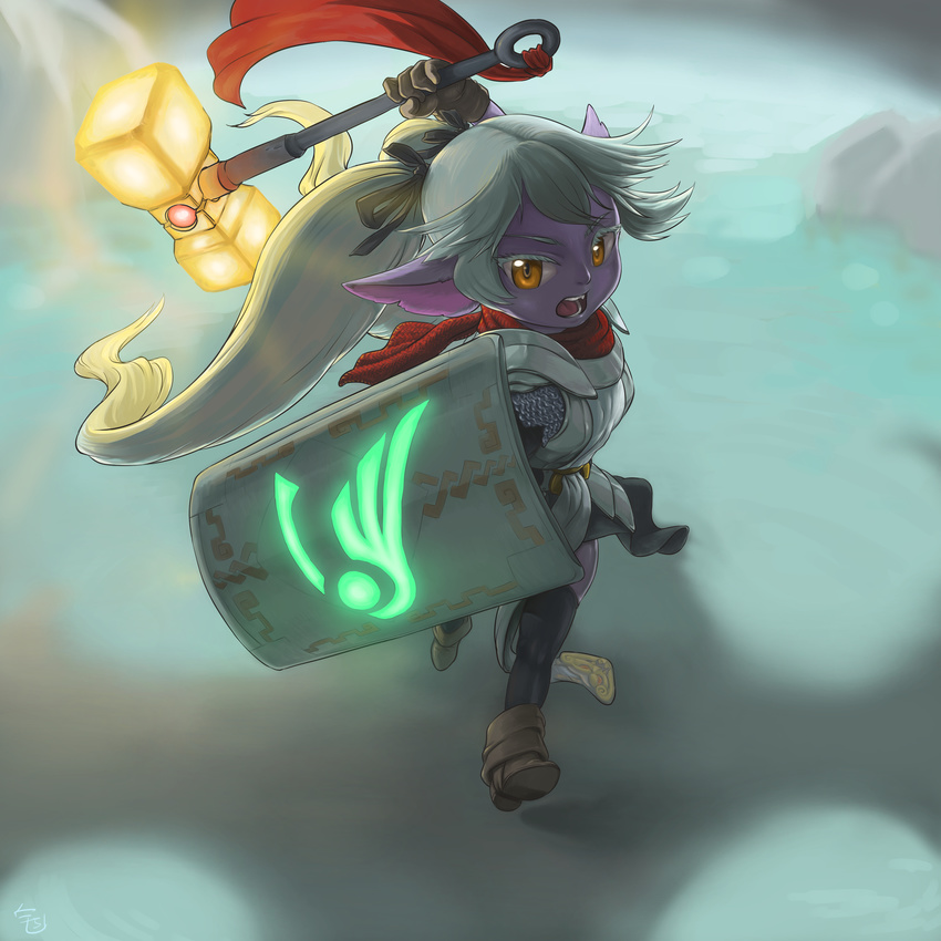 absurdres breastplate chainmail glowing glowing_shield glowing_weapon hammer highres league_of_legends looking_at_viewer open_mouth pointy_ears ponytail poppy running shield solo weapon white_hair wuboy541 yellow_eyes yordle