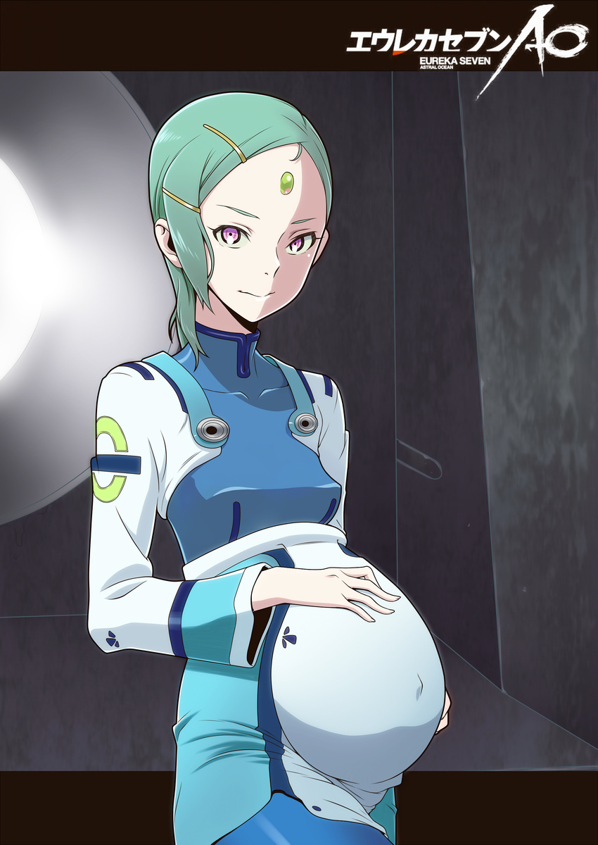 1girl absurdres aqua_hair belly blue_hair body_suit bodysuit bones_(company) breasts covered_navel datenaito eureka eureka_seven eureka_seven_(series) eureka_seven_ao facial_mark facing_away forehead forehead_mark fukai_ao grey_background hair_clip hair_ornament hand_on_own_stomach highres huge_filesize insignia interior leggings lens_flare letterboxed light light_smile looking_at_viewer mother navel older outie_navel perky_breasts porthole pregnant purple_eyes room science_fiction short_hair smile solo spoilers uniform window