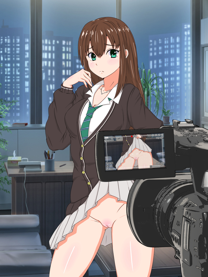 black_hair blush bottomless brown_hair camera cardigan desk frown green_eyes hair_between_eyes highres idolmaster idolmaster_cinderella_girls necktie office phone plant pleated_skirt pussy recording school_uniform shibuya_rin skirt skirt_lift solo striped striped_neckwear taka_(copyrobot) tissue_box window