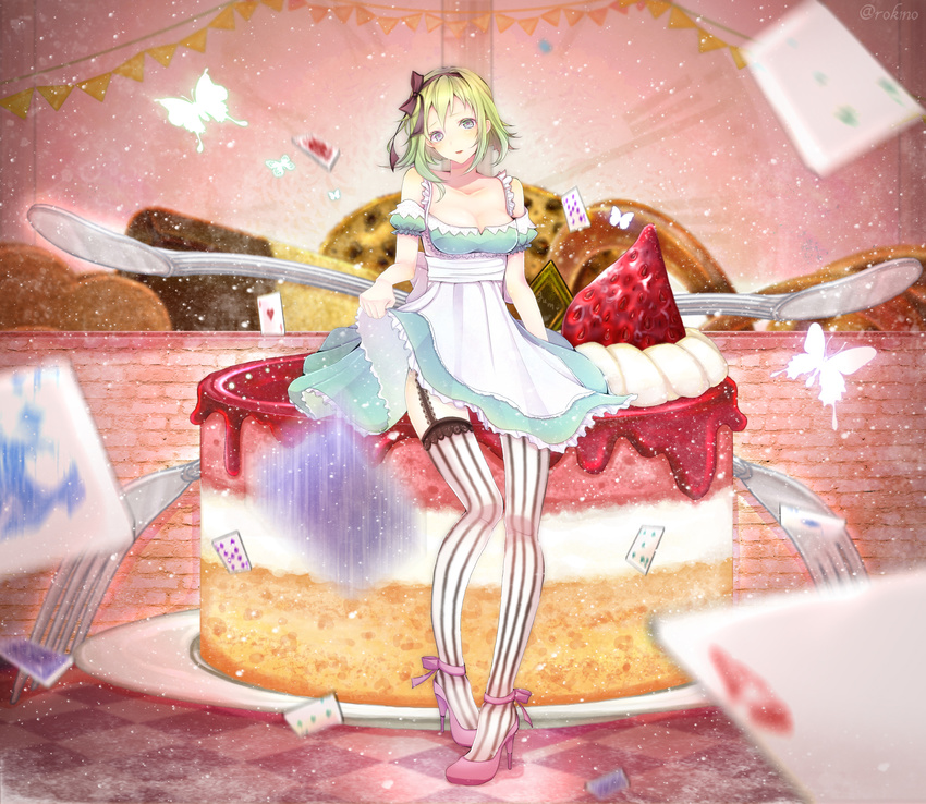 akatsuki_rokino analog_clock apron aqua_dress aqua_eyes black_bow blue_eyes bow breasts brick_wall bug butterfly cake card checkered checkered_floor cleavage clock collarbone cookie detached_sleeves dress dress_lift eat_me_(vocaloid) flag food fork frilled_dress frills fruit garter_straps green_hair gumi hair_bow hairband head_tilt high_heels highres in_food insect lace lace-trimmed_thighhighs light_particles long_legs looking_at_viewer medium_breasts minigirl motion_blur oversized_object parted_lips pennant pink_footwear plate playing_card puffy_short_sleeves puffy_sleeves ribbon shoes short_hair short_sleeves sitting solo sponge_cake strapless strapless_dress strawberry string_of_flags striped striped_legwear sweets thighhighs twitter_username vertical-striped_legwear vertical_stripes vocaloid