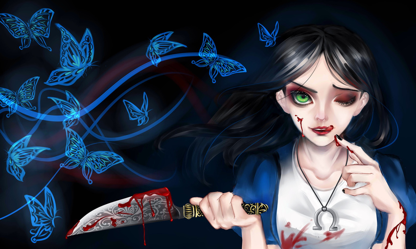 alice:_madness_returns alice_(wonderland) alice_in_wonderland american_mcgee's_alice american_mcgee's_alice black_hair blood butterfly gradient gradient_background green_eyes knife lipstick makeup solo wink