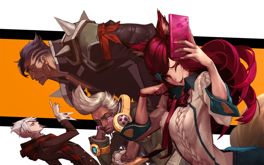 3boys academy_ahri academy_ekko ahri alternate_costume alternate_hair_color alternate_hairstyle animal_ears bandaid black_hair blouse blush cellphone cellphone_camera chin_rest clenched_teeth closed_eyes commentary darius_(league_of_legends) dark_skin duto ekko_(league_of_legends) fang fox_ears fox_tail headphones height_difference league_of_legends long_hair looking_at_viewer multiple_boys one_eye_closed parted_lips phone pointing pointing_up red_hair scarf self_shot shoulder_spikes slit_pupils spikes tail teeth vladimir whisker_markings white_blouse white_hair yellow_eyes