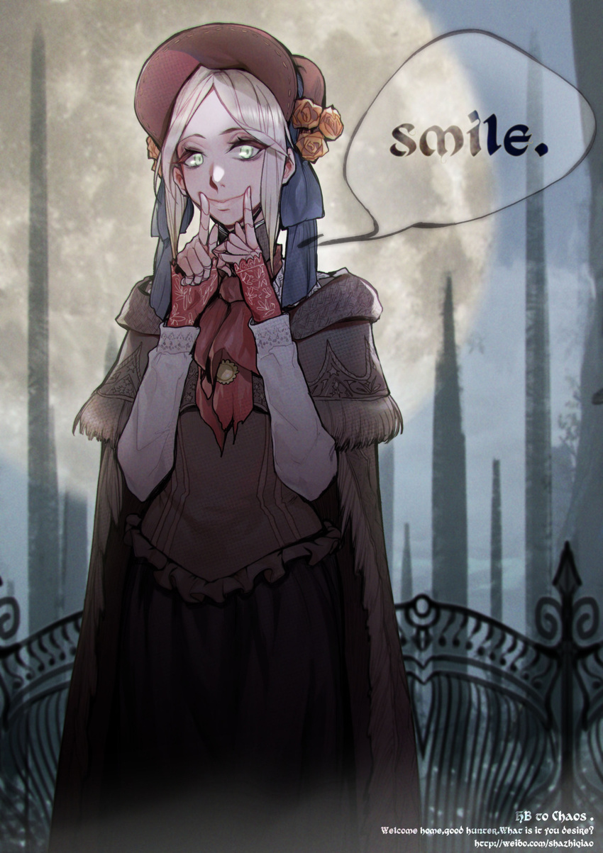 1girl bangs bloodborne bonnet cape cloak darker_than_black doll_joints dress english fingersmile highres looking_at_viewer moon night plain_doll scarf shazhiqiao silver_hair sky smile solo speech_bubble swept_bangs