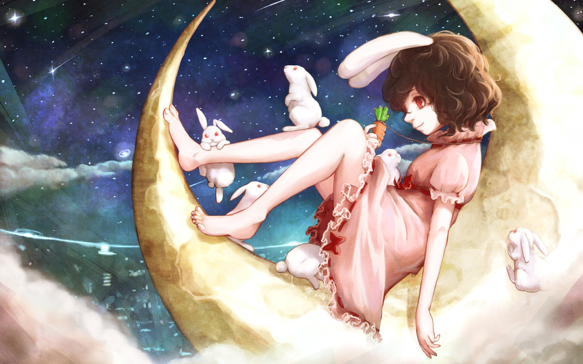 animal_ears barefoot brown_hair bunny bunny_ears carrot crescent dress highres hoshibuchi inaba_tewi jewelry necklace pendant pink_dress puffy_short_sleeves puffy_sleeves red_eyes short_sleeves sitting smile solo too_many too_many_bunnies touhou