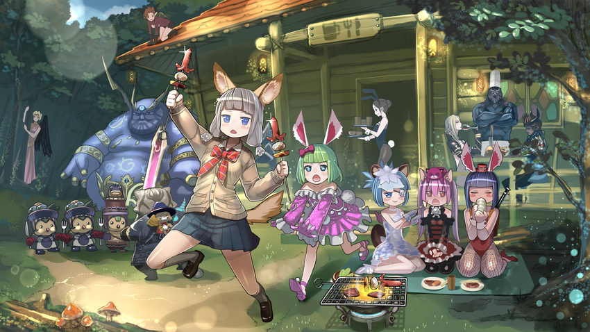 6+girls :o animal_ears bangs baraka blue_eyes blunt_bangs brown_hair bunny_ears bunny_girl bunnysuit castanic_(tera) cup cutlery dress drinking elin_(tera) fake_animal_ears fishnet_pantyhose fishnets flower_eyepatch food forest fork frilled_dress frills grass green_hair high_elf highres house kneehighs kneeling knife lens_flare loafers long_hair multiple_girls mushroom nature needle on_roof open_mouth outdoors pantyhose pink_hair plant popori purple_hair rooftop ryou_(effort) school_uniform seiza shoes short_hair sidelocks silver_hair sitting statue sunlight symbol-shaped_pupils tera_online tree try very_long_hair walking wariza window yokozuwari