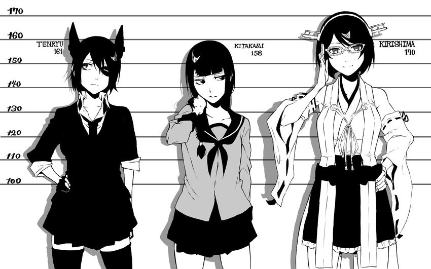adjusting_eyewear bad_id bad_pixiv_id bangs blunt_bangs detached_sleeves eyepatch fingerless_gloves glasses gloves greyscale hand_on_hip hand_on_neck headgear height_chart height_difference highres kantai_collection kirishima_(kantai_collection) kitakami_(kantai_collection) kofunami_nana looking_at_viewer monochrome multiple_girls necktie no_legwear nontraditional_miko parted_lips school_uniform serafuku short_hair skirt smile tenryuu_(kantai_collection) thighhighs