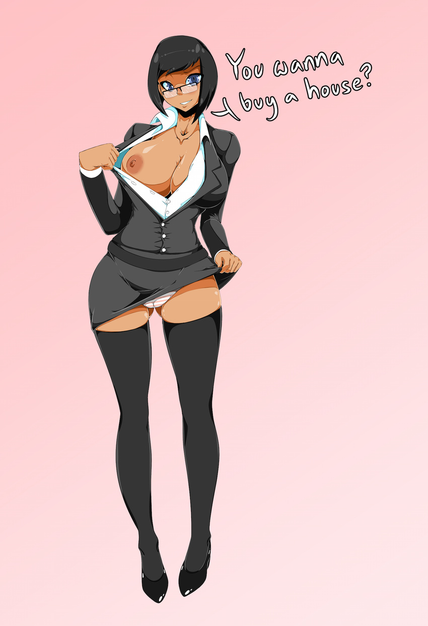 black_hair black_legwear blue_eyes breasts business_suit dark_skin english female full_body glasses gradient gradient_background high_heels large_breasts looking_at_viewer nipples no_bra open_clothes open_shirt panties pantyshot rimless_glasses shirt shirt_pull short_hair skirt skirt_lift smile solo standing striped striped_panties suit thetroon thighhighs underwear