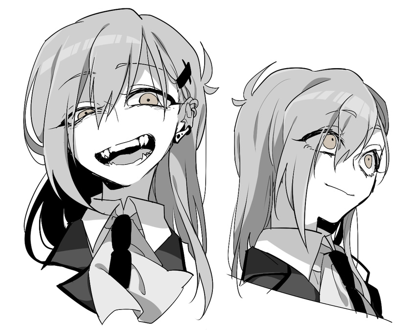 bad_id bad_pixiv_id ear_piercing fangs greyscale hair_ornament hairclip kantai_collection long_hair monochrome piercing school_uniform sharp_teeth smile solo suzuya_(kantai_collection) teeth yarawi