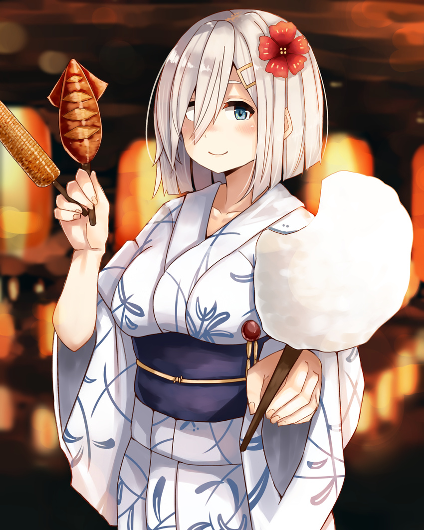 blue_eyes breasts corn cotton_candy flower hair_flower hair_ornament hair_over_one_eye hairclip hamakaze_(kantai_collection) highres ikayaki japanese_clothes kantai_collection kimono large_breasts plan_(planhaplalan) smile solo squid yakitoumorokoshi yukata