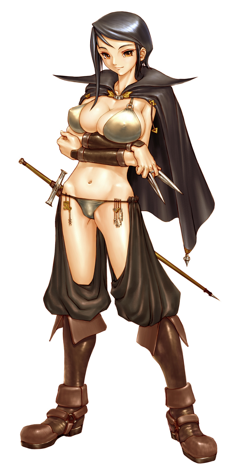 1girl black_hair boots breasts brown_eyes cape cleavage female hayami_yuujirou key knife large_breasts simple_background solo sword thief weapon