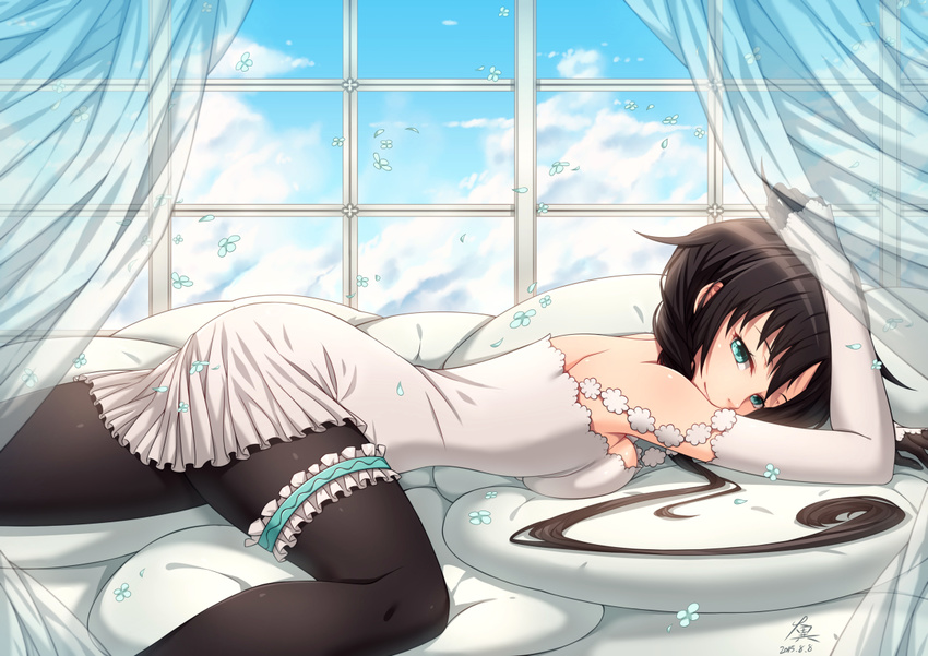 2015 arm_up back bad_id bad_pixiv_id bangs bare_shoulders black_hair black_legwear blue_eyes blue_flower blue_sky breast_press breasts closed_mouth cloud curtains dated day dress flower gloves hair_between_eyes hand_on_own_head indoors leg_garter long_hair lying medium_breasts off-shoulder_dress off_shoulder on_stomach pantyhose pillow pleated_dress short_dress signature sky smile solo transparent twintails utau very_long_hair white_dress wind window xia_yu_yao zerg309