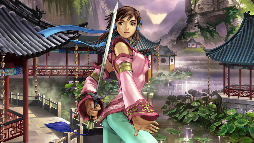 1girl brown_hair chai_xianghua chinese_clothes detached_sleeves highres short_hair solo soul_calibur soulcalibur_iii sword weapon xianghua