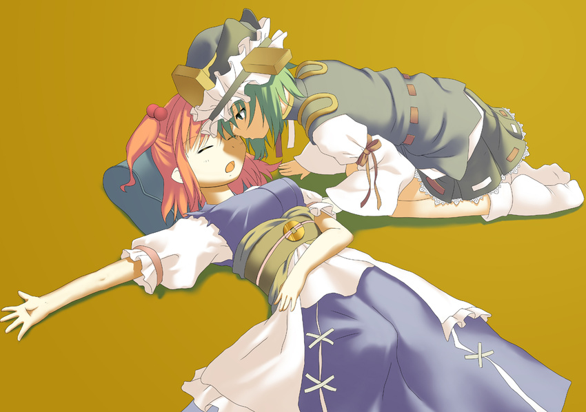 all_fours bad_id bad_pixiv_id blue_eyes green_hair hair_bobbles hair_ornament hat imminent_kiss multiple_girls onozuka_komachi red_hair shiki_eiki short_hair tanaka_ahiru touhou two_side_up yuri