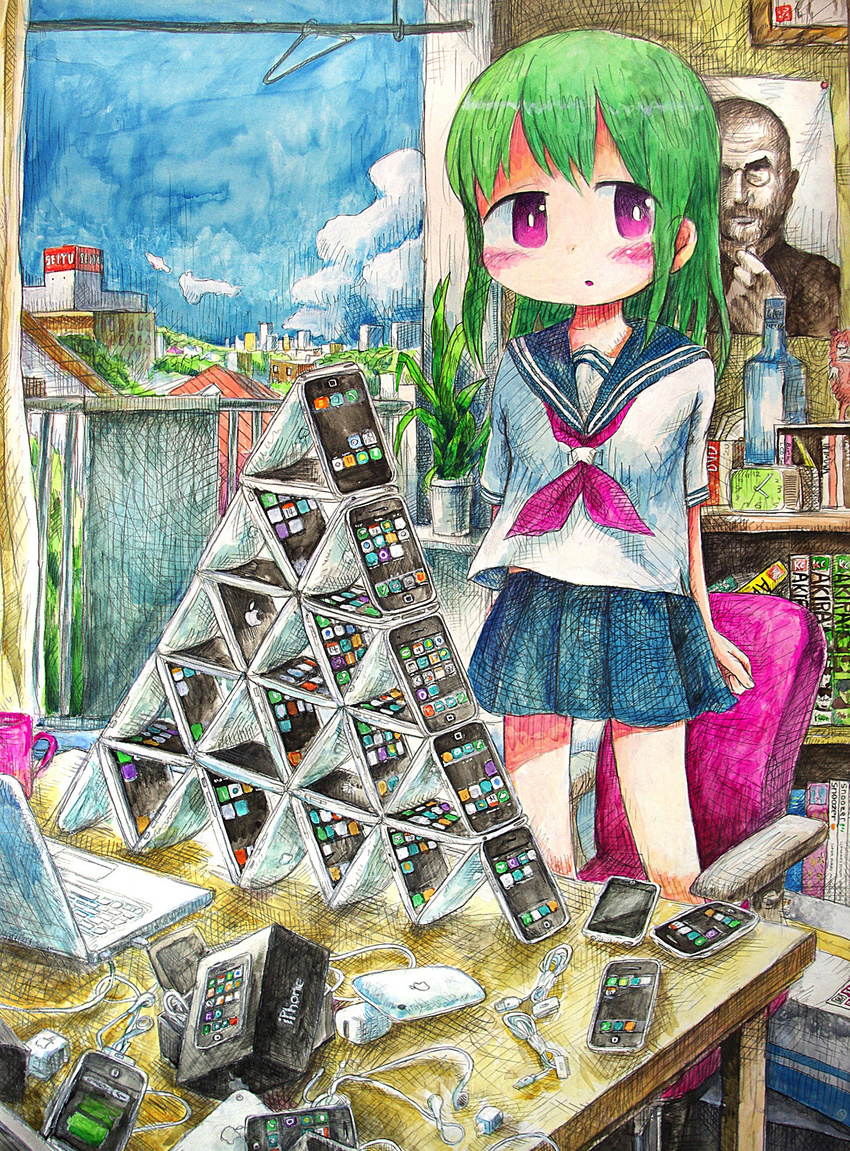 apple_inc. bad_id bad_pixiv_id cameo cellphone green_hair hade_na_kangofu highres iphone original phone product_placement pyramid real_life real_life_insert school_uniform serafuku smartphone solo steve_jobs traditional_media