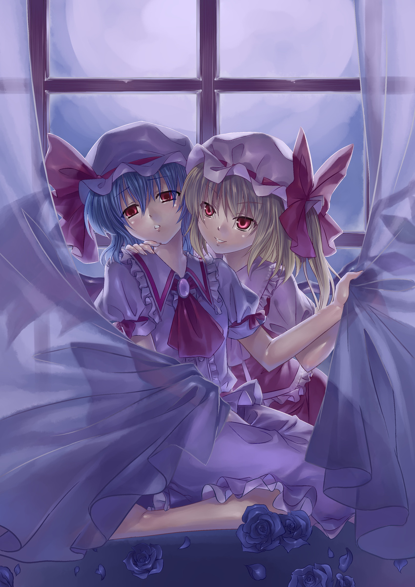 absurdres bad_id bad_pixiv_id bat_wings blonde_hair blue_hair curtains flandre_scarlet flower flyx2 hat highres multiple_girls red_eyes remilia_scarlet rose short_hair siblings side_ponytail sisters touhou window wings