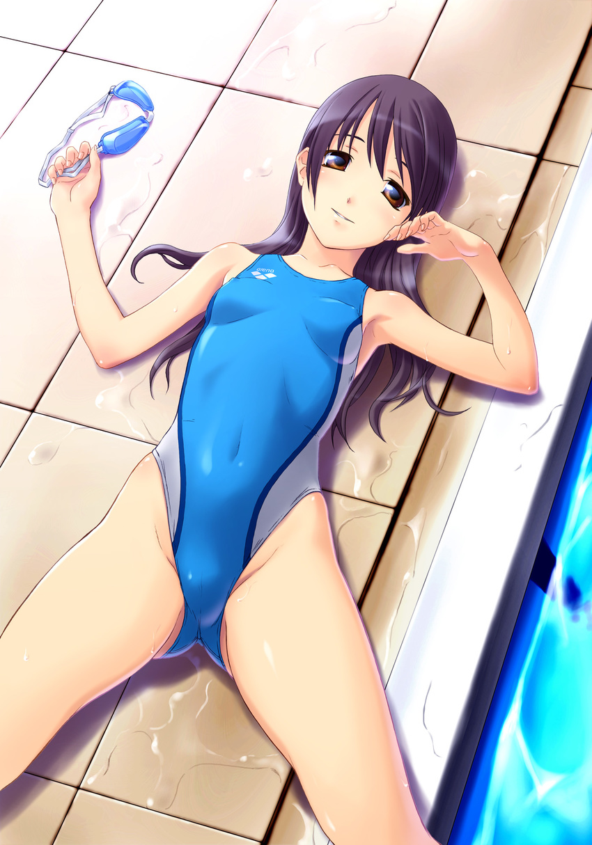 arena_(company) black_hair breasts brown_eyes competition_swimsuit covered_navel covered_nipples from_above goggles goggles_removed hands highres long_hair lying norizou_type-r one-piece_swimsuit original pool poolside skin_tight small_breasts solo swimsuit tiles water wet