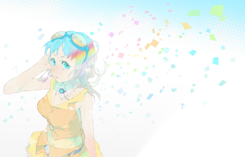 blue_eyes goggles goggles_on_head gumi kazune_(baumkuchen) multicolored_hair short_hair solo vocaloid