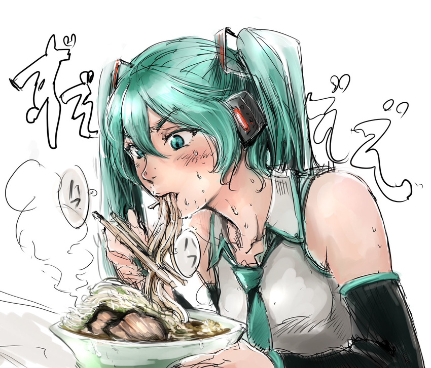 aqua_eyes aqua_hair blush bowl chopsticks detached_sleeves eating food hatsune_miku headphones jirou_(ramen) long_hair necktie noodles osakana_(denpa_yun'yun) ramen simple_background sketch solo soup sweat twintails vocaloid