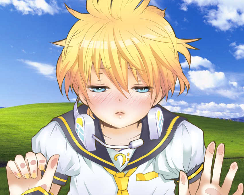 778 against_fourth_wall against_glass bliss_(image) blonde_hair blue_eyes blush cloud day field fourth_wall headset incoming_kiss kagamine_len male_focus md5_mismatch nail_polish necktie sailor_collar sky solo vocaloid wallpaper yellow_neckwear