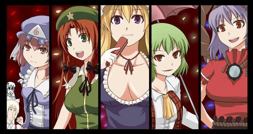 :d ascot braid breasts cleavage column_lineup fan fujiwara_no_mokou gensou_yakyoku_(style) gloves hat hong_meiling kazami_yuuka kochiya_sanae large_breasts medium_breasts multiple_girls odd_one_out open_mouth parody plaid plaid_vest rope saigyouji_yuyuko shimenawa smile style_parody touhou twin_braids umbrella upper_body vest windowboxed yakumo_yukari yasaka_kanako zetsumame