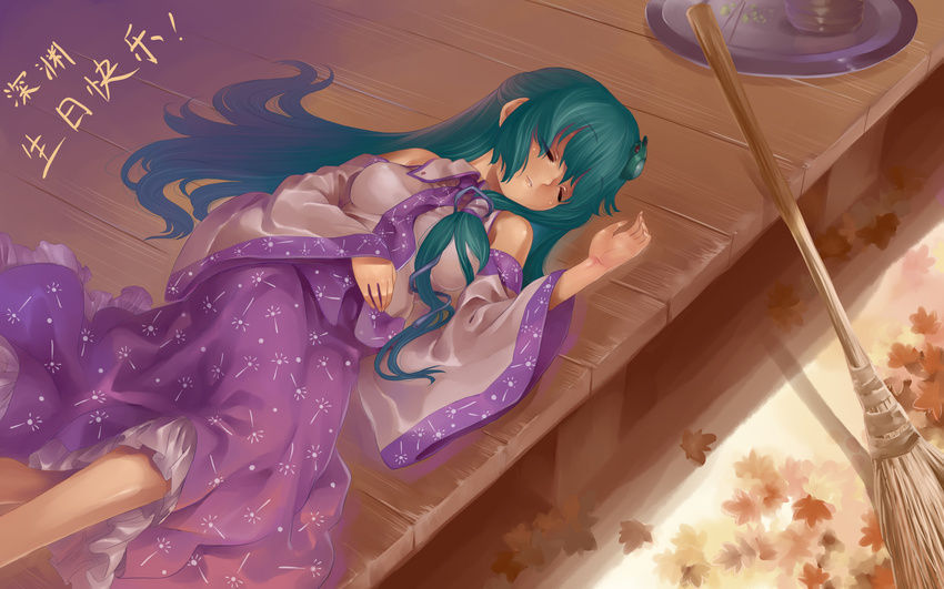 broom closed_eyes detached_sleeves flyx2 frog_hair_ornament green_hair hair_ornament highres japanese_clothes kochiya_sanae long_hair lying on_back sleeping solo touhou veranda