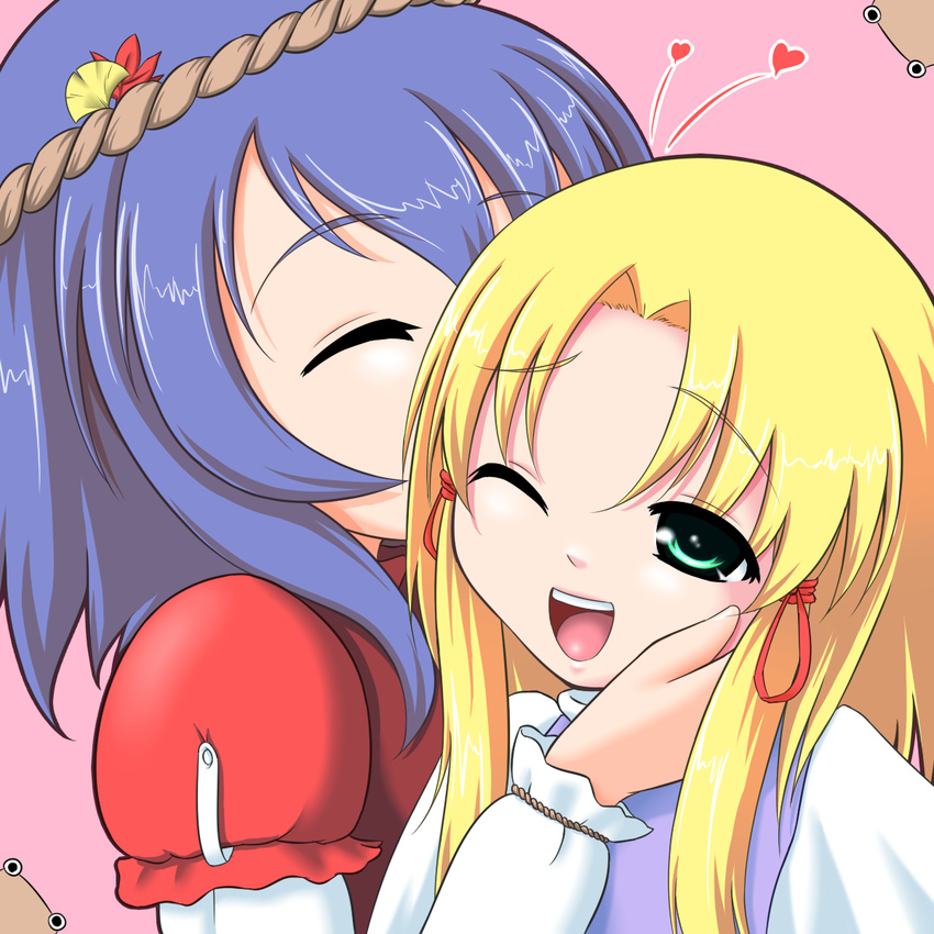 :d blonde_hair blue_hair closed_eyes commentary_request eyebrows green_eyes hair_kiss happy heart highres juliet_sleeves kiss leaf long_hair long_sleeves moriya_suwako multiple_girls no_hat no_headwear one_eye_closed open_mouth pink_background puffy_sleeves pyonta rope sidelocks smile touhou yasaka_kanako yukki_(canvas) yuri