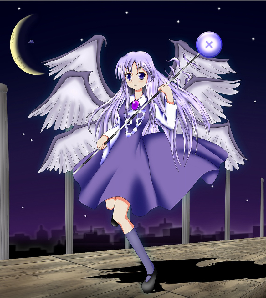 angel blue_eyes blue_hair highres kneehighs sariel socks solo staff touhou touhou_(pc-98) wings