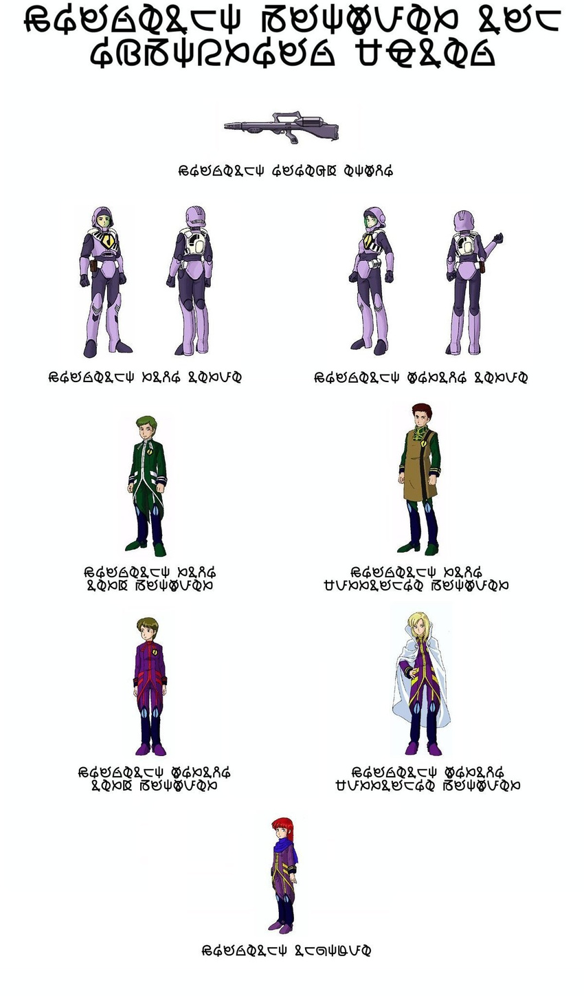 4girls armor army boots cape chart choujikuu_yousai_macross gloves gun helmet highres macross military military_uniform multiple_boys multiple_girls rifle soldier translated uniform weapon zentlardy_alphabet zentradi