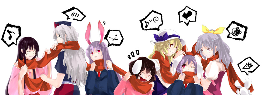 :x ^_^ animal_ears black_hair blonde_hair blue_eyes bow bunny bunny_ears carrot closed_eyes eighth_note hair_bow hat hat_bow heart highres houraisan_kaguya inaba_tewi long_hair long_image mosuke multiple_girls musical_note one_eye_closed open_mouth purple_hair red_eyes reisen reisen_udongein_inaba ribbon scarf shared_scarf short_hair silver_hair smile spoken_blush spoken_heart spoken_musical_note spoken_squiggle squiggle touhou watatsuki_no_toyohime watatsuki_no_yorihime wide_image yagokoro_eirin