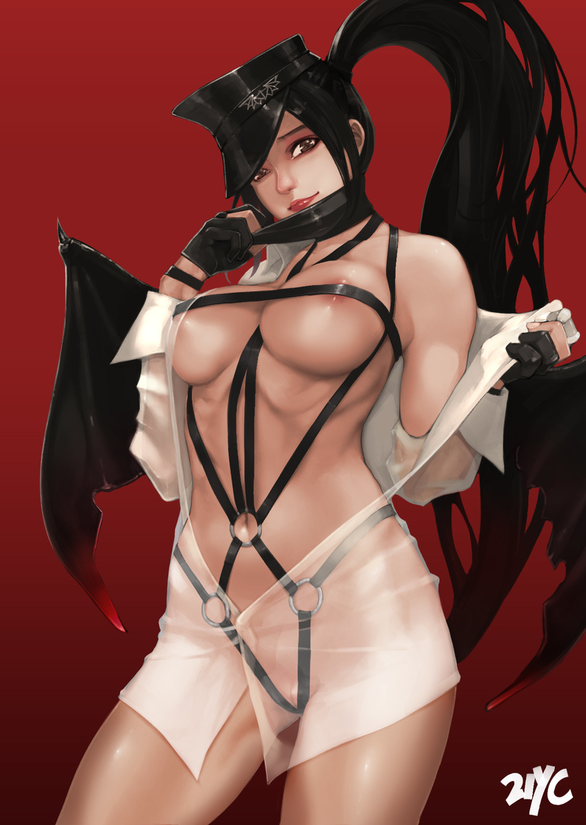 1girl aaa_(september_breeze) areola_slip areolae black_hair breasts dominatrix fingerless_gloves gloves gradient gradient_background half_mask looking_at_viewer mabinogi mabinogi_heroes mask_removed ponytail see-through solo succubus_(mabinogi) unbuttoned undressing wings