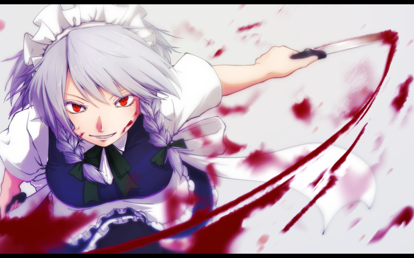 action apron black_legwear blood blood_on_face bloody_knife blue_dress blurry bow braid breasts colored_eyelashes depth_of_field dress dual_wielding frilled_apron frills grin hair_bow holding izayoi_sakuya knife letterboxed looking_at_viewer maid maid_apron maid_headdress medium_breasts pantyhose red_eyes ribbon short_sleeves silver_hair smile solo touhou twin_braids usui_ryuusan white_background