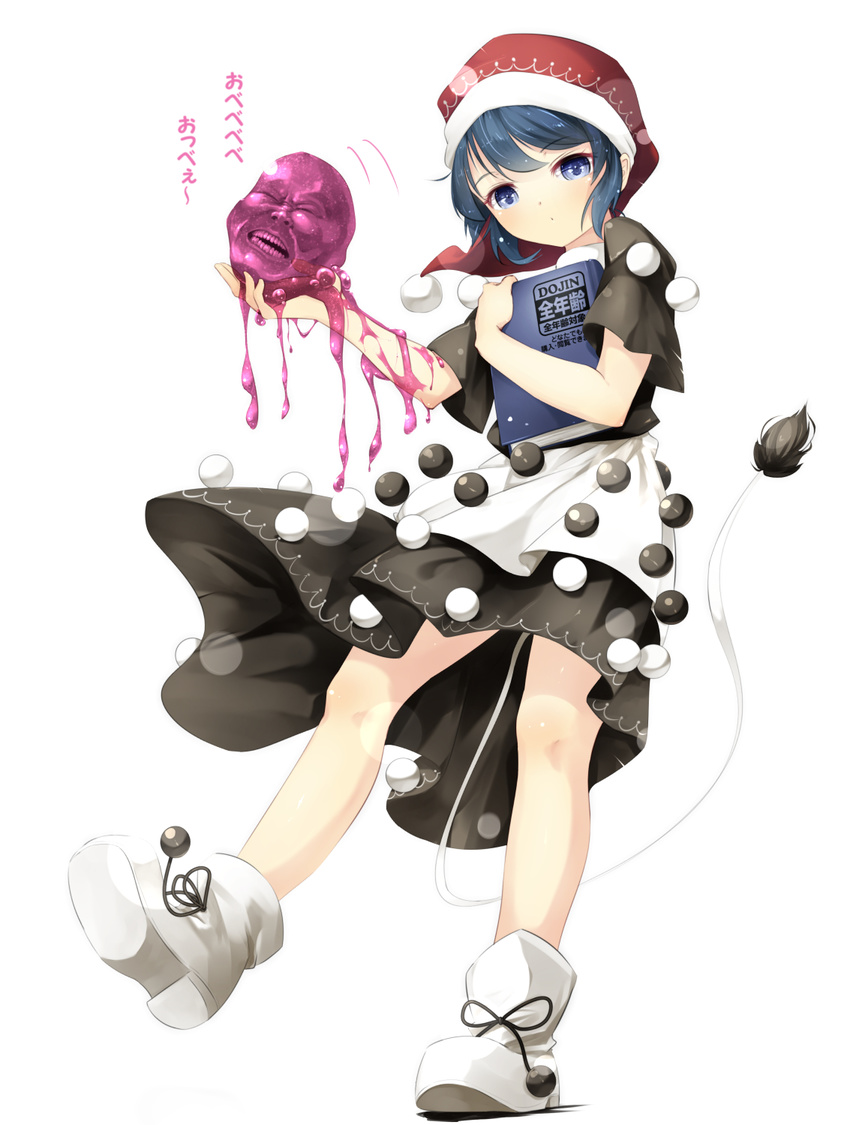 apron black_dress blue_eyes blue_hair book book_hug disembodied_head doremy_sweet dress gorilla_(bun0615) hat highres holding holding_book looking_at_viewer multicolored multicolored_clothes multicolored_dress nightcap short_sleeves solo tail tapir_tail touhou translation_request waist_apron white_dress