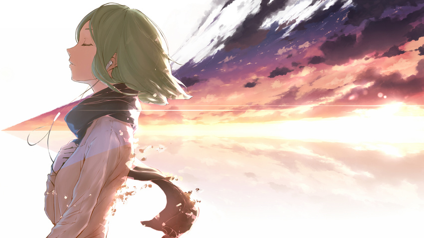 arm_at_side black_scarf breasts cable closed_eyes cloud cloudy_sky dissolving earbuds earphones from_side green_hair gumi hand_on_own_chest headphones highres jacket listening_to_music long_sleeves minamito parted_lips scarf short_hair sky small_breasts solo sunlight twilight upper_body vocaloid wind