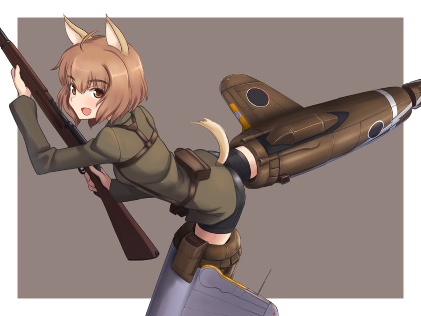 a9b_(louis814) ahoge animal_ears ass bike_shorts border brown_eyes brown_hair commentary_request dog_ears dog_girl dog_tail flying gun harness inufusa_yuno military military_uniform outside_border pouch rifle simple_background sketch solo striker_unit tail uniform weapon white_border world_witches_series