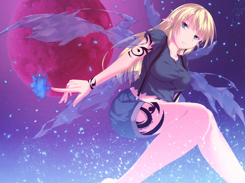 aqua_eyes barefoot blonde_hair collarbone female full_moon gradient gradient_background long_hair looking_at_viewer midriff moon nakadadaichi original pointy_ears shirt short_sleeves shorts solo suspenders t-shirt tattoo