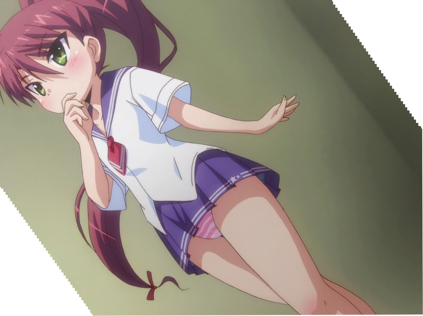 gradient gradient_background green_eyes maroon_hair okusama_ga_seito_kaichou! panties pleated_skirt ponytail sawatari_makoto sawatari_makoto_(okusama_ga_seito_kaichou!) sawatari_mato school_uniform screencap seven_(company) skirt solo tied_hair underwear