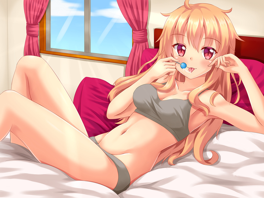 :p artist_self-insert bed_sheet blonde_hair bra breasts candy collarbone curtains fast-runner-2024 food grey_bra grey_panties highres indoors long_hair looking_at_viewer lying medium_breasts navel on_back on_bed original panties pillow red_eyes saliva saliva_trail solo sports_bra stomach tiffy tongue tongue_out underwear underwear_only window