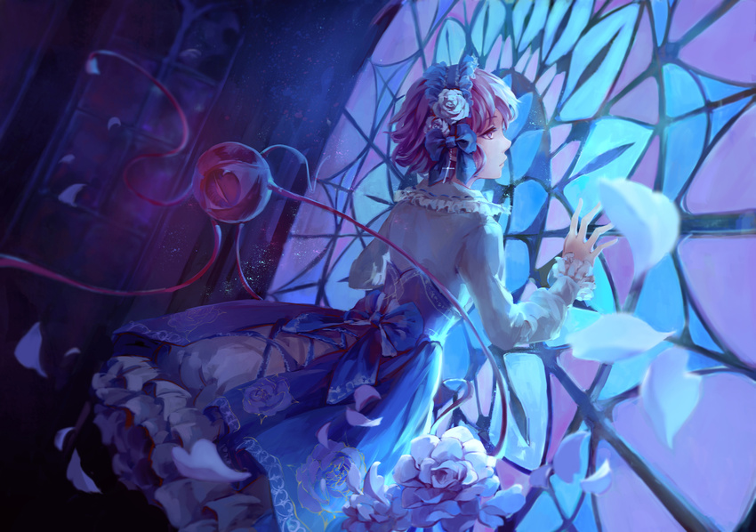 alternate_costume blue blue_skirt blurry chireiden commentary dark depth_of_field dress ears expressionless eyelashes floating floral_print flower frilled_dress frilled_shirt_collar frilled_sleeves frills hair_flower hair_ornament hairband hand_on_window highres indoors jlien- komeiji_satori lips long_skirt long_sleeves looking_out_window petals petticoat purple_eyes purple_hair red_eyes ribbon-trimmed_collar ribbon_trim rose rose_petals skirt slit_pupils solo stained_glass third_eye touhou when_you_see_it white_dress