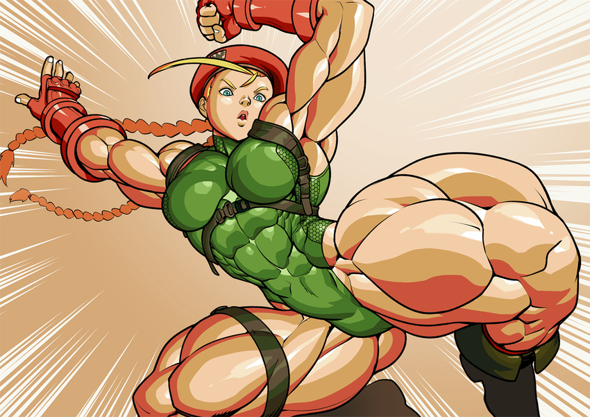 abs ahoge armpits beret boots breasts cammy_white fingerless_gloves gloves harness hat holster incoming_attack jumping muscle pokkuti skin_tight solo street_fighter street_fighter_v thick_thighs thigh_holster thighs