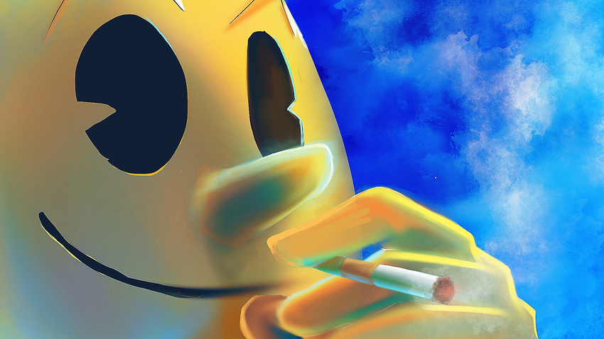 1boy cigarette male_focus namco pac-man pac-man_(game) sky smile smoke smoking solo