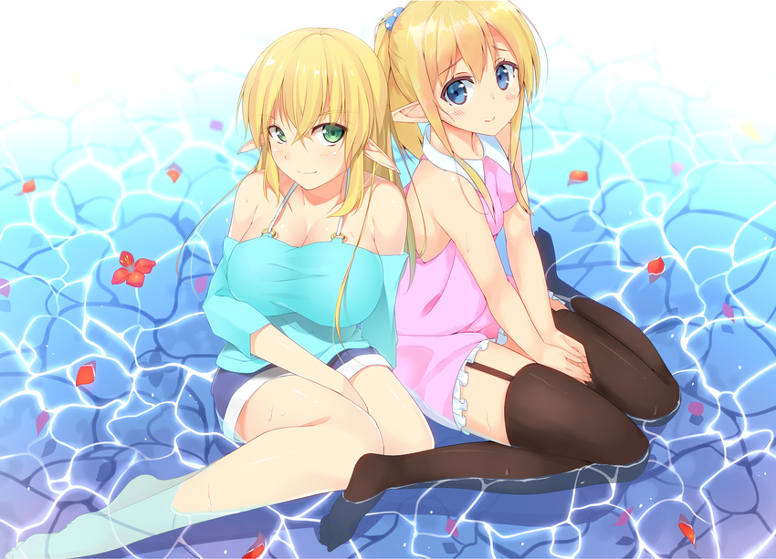 bare_shoulders barefoot between_legs black_legwear black_thighhighs blonde_hair blue_eyes blush breasts cleavage closed_mouth duo female flower frills gradient gradient_background green_eyes hair_ornament hand_between_legs large_breasts long_hair looking_at_viewer multiple_girls nakadadaichi original pointy_ears ponytail shorts sitting sleeveless small_breasts smile thighhighs wading water zettai_ryouiki