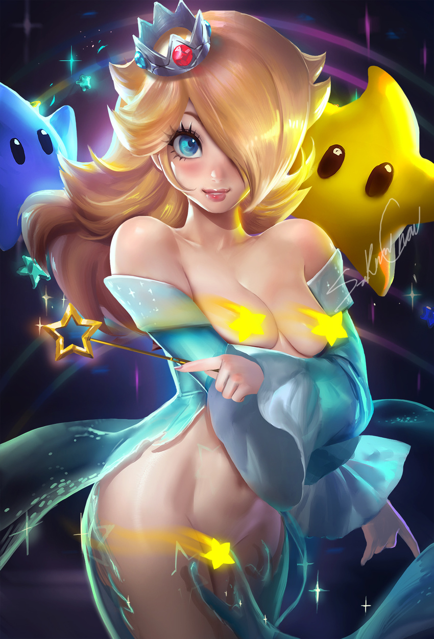 banned_artist bare_shoulders blonde_hair blue_eyes blush breasts censored chiko_(mario) convenient_censoring crown hair_over_one_eye highres jewelry long_hair mario_(series) no_panties rosetta_(mario) sakimichan small_breasts solo star_censor super_mario_bros. super_mario_galaxy wand